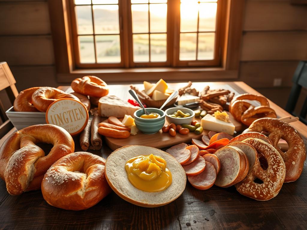 A cozy gathering of a traditional Bavarian Brotzeit spread on a rustic wooden table. In the foreground, a selection of crusty breads, buttery pretzels, and assorted cold cuts like Wurst and Schinken. In the middle, a charcuterie board with artisanal cheeses, pickles, and a ceramic bowl filled with tangy mustard. The background features a window overlooking a pastoral scene, with warm, golden light filtering in, creating a welcoming, homey atmosphere. The lighting is soft and natural, captured with a wide-angle lens to showcase the entire spread. The overall mood is one of leisurely indulgence, inviting the viewer to savor the simple pleasures of a classic Brotzeit.