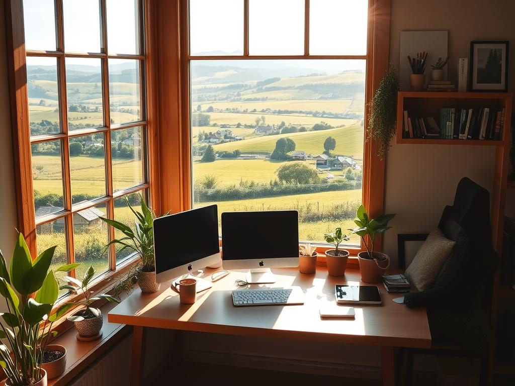 A cozy home office nestled in a verdant countryside landscape, with a large window overlooking rolling hills and a distant village. Sunlight streams in, casting a warm glow over the workspace adorned with plants and a minimalist desk setup. The atmosphere exudes a sense of tranquility and flexibility, inviting the occupant to embrace the blissful solitude of remote work. A serene, pastoral scene that evokes the allure of escaping the bustling city in favor of a quieter, more balanced lifestyle enabled by the rise of telecommuting.