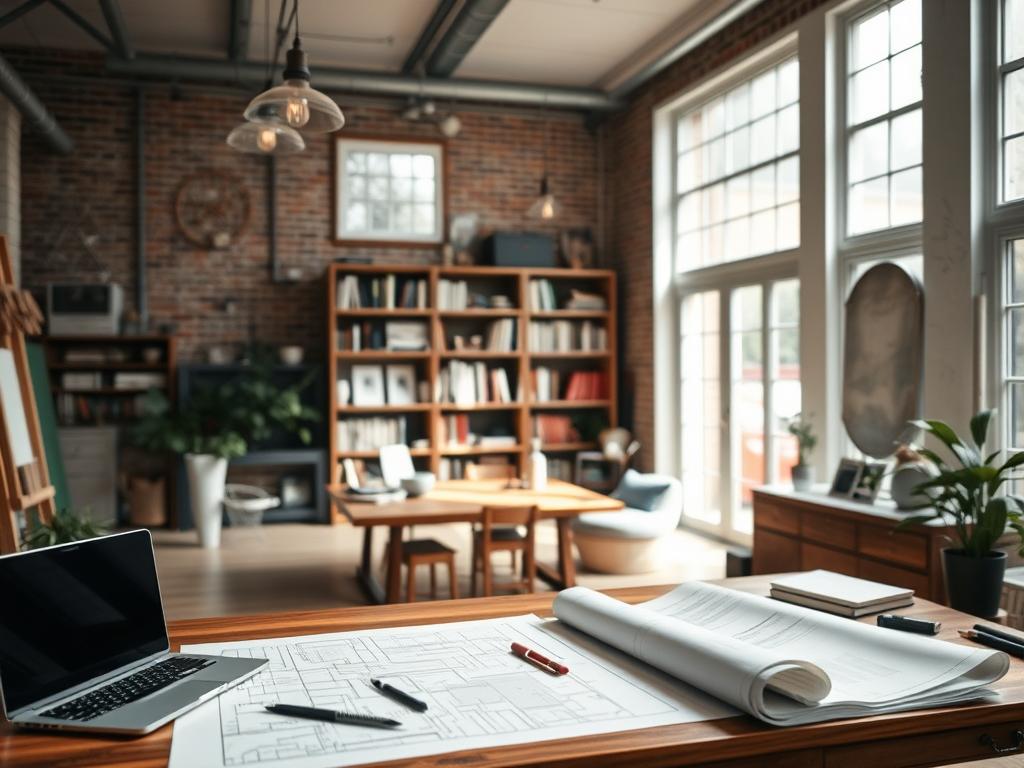 A cozy home office with an open floor plan, filled with natural light streaming through large windows. In the foreground, a wooden desk with a laptop, architectural plans, and various drafting tools. In the middle ground, a bookshelf showcasing reference materials on home renovation and design. The background features exposed brick walls, high ceilings, and vintage industrial lighting fixtures, creating a warm, inviting atmosphere. The overall scene conveys a sense of thoughtful planning and preparation for a comprehensive home renovation project. Soft, diffused lighting and a muted color palette evoke a sense of tranquility and focus.