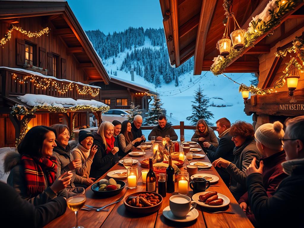 A cozy mountain lodge nestled in the snowy Alps, its rustic exterior adorned with twinkling lights. Inside, a crackling fireplace warms the air as guests gather around a long, wooden table laden with local delicacies - juicy sausages, rich cheeses, hearty stews, and steaming mugs of mulled wine. The scene is bathed in a warm, golden glow, creating an inviting, convivial atmosphere perfect for savoring the culinary highlights of a wintertime alpine adventure.