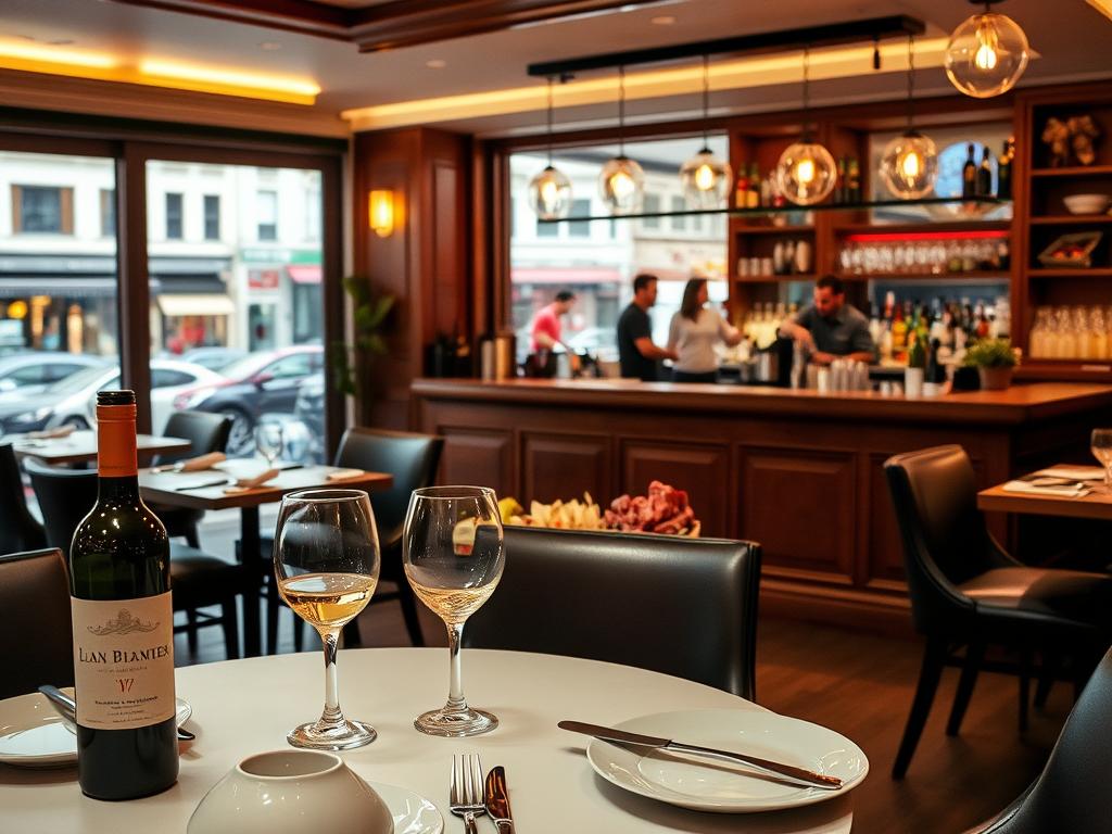 A cozy restaurant interior with a warm, inviting atmosphere. In the foreground, a table set with elegant white dinnerware, a bottle of wine, and a charcuterie board overflowing with artisanal meats, cheeses, and fresh bread. The middle ground features a wooden bar with bartenders skillfully mixing cocktails, while the background showcases large windows offering a scenic view of a vibrant city street. The lighting is soft and ambient, creating a sense of intimacy and relaxation. The overall mood is one of indulgence and sophisticated culinary exploration.