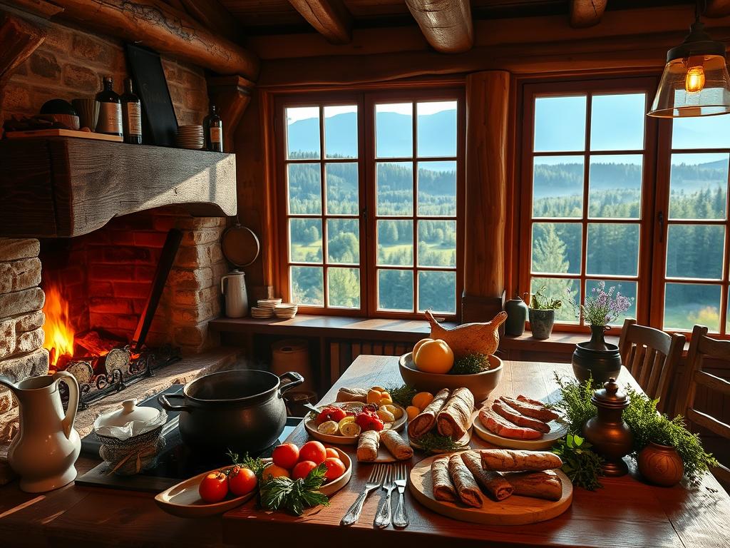 A cozy, rustic kitchen nestled in the heart of the Schwarzwald. Wooden beams and stone walls frame a hearth, where a pot simmers with regional delicacies. Seasonal produce, locally-sourced meats, and aromatic herbs adorn a wooden table, inviting guests to savor the flavors of this picturesque region. Soft, warm lighting casts a golden glow, creating an intimate, inviting atmosphere. Antique utensils and handcrafted ceramics add to the authentic, traditional ambiance. Through large windows, a vista of rolling hills and lush, verdant forests creates a seamless connection between the kitchen and the Schwarzwald's natural splendor.