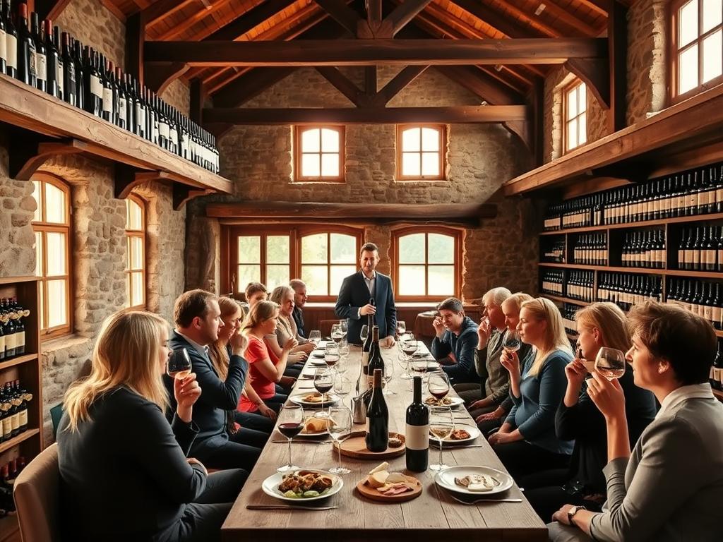 A cozy tasting room in a picturesque Baden winery, bathed in warm, golden light from large windows. The room features wooden beams, stone walls, and rows of wine bottles lining the shelves. In the center, a long wooden table is set with wine glasses, carafes, and platters of local cheeses and charcuterie. Around the table, groups of people swirl, sniff, and sip, discussing the nuances of the region's renowned Pinot Noirs and Rieslings. The atmosphere is one of conviviality and a deep appreciation for the winemaking craft. A sommelier stands ready to guide the tastings, sharing the history and terroir of each vintage.
