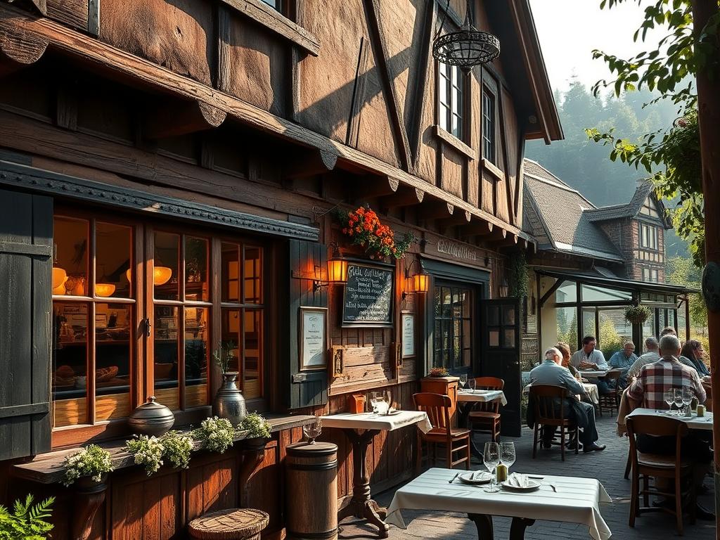 A cozy tavern nestled in the heart of the picturesque Black Forest, its weathered wooden facade gleaming in the soft morning light. Through the open windows, the scent of freshly baked Schwarzwälder Kirschtorte and sizzling Maultaschen wafts into the air, enticing passersby. Inside, the rustic interior is filled with the chatter of locals enjoying a hearty Spätzle with Gaisburger Marsch, complemented by the rich aroma of Riesling from the nearby vineyards. The walls are adorned with vintage cooking implements and photographs celebrating the region's culinary heritage. A welcoming atmosphere of authenticity and tradition permeates the scene, capturing the essence of the authentic regional cuisine of Baden-Württemberg.