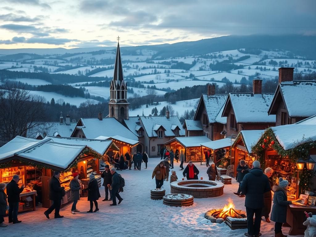 A cozy village in the heart of the snowy countryside, bathed in a warm glow from twinkling lights. In the foreground, a bustling outdoor market with stalls selling traditional crafts, steaming mugs of mulled wine, and freshly baked treats. Families and friends gather around fire pits, bundled up in winter coats and scarves, their laughter and chatter filling the crisp air. In the middle ground, a quaint church steeple rises above the snow-dusted rooftops, its bells ringing out across the serene landscape. The background is a panorama of rolling hills, blanketed in a pristine layer of white, with a hint of a setting sun casting a soft, golden light over the peaceful scene.