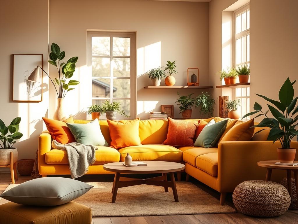 A cozy, warmly-lit living room showcasing the latest color trends for 2025 wall decor. The foreground features a plush, mustard-yellow sofa and a low, minimalist coffee table in warm wood tones. Midground displays an assortment of throw pillows in earthy hues of terracotta, ochre, and sage green, complementing the neutral-toned walls. In the background, a large window allows natural light to flood the space, casting a soft, golden glow. Lush, verdant potted plants on shelves add pops of vibrant, optimistic color. The overall mood is one of comfort, tranquility, and a renewed sense of positivity.