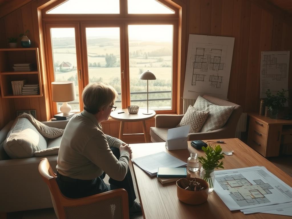 A cozy, well-lit home interior with warm wooden tones and soft natural lighting. In the foreground, a financial advisor sits at a desk, reviewing documents and discussing options with a homeowner. Behind them, a large window overlooks a scenic countryside landscape, hinting at the rural setting. The walls are adorned with architectural plans and illustrations, providing visual cues about the home renovation process. The overall atmosphere conveys a sense of trust, expertise, and the careful consideration of financial solutions for an efficient, high-quality altbau restoration.