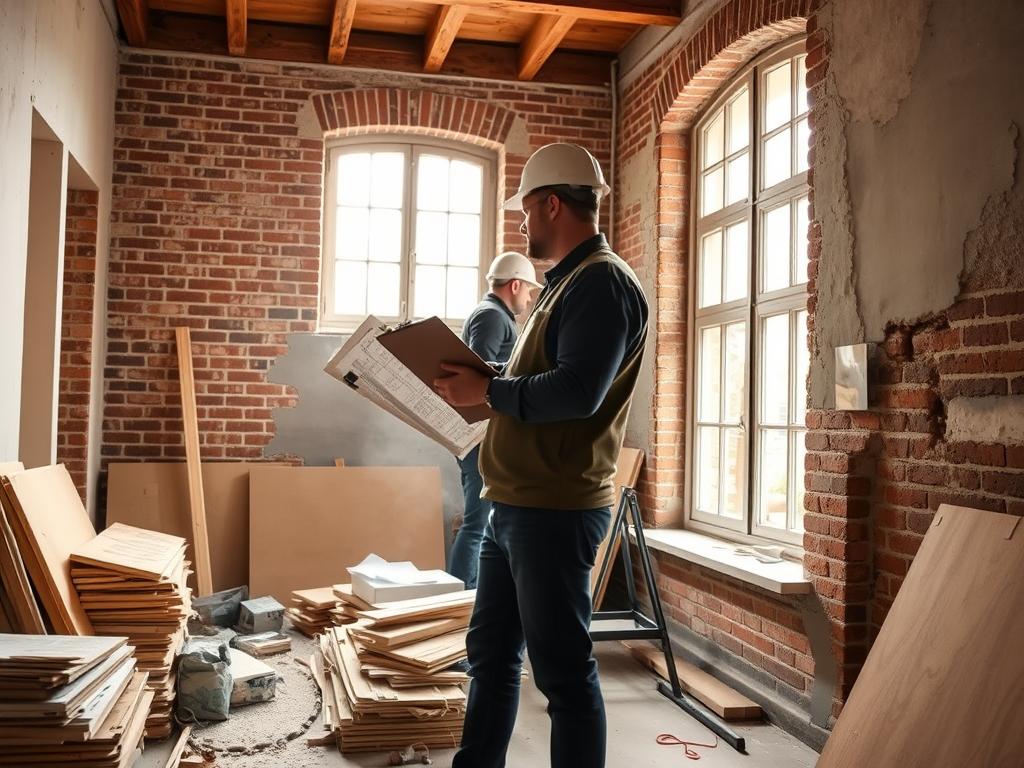 A cozy, well-lit interior of an old, charming German townhouse undergoing renovation. In the foreground, a contractor examines construction plans on a clipboard, standing amidst piles of building materials. In the middle ground, a worker carefully removes old plaster from the walls, exposing the original brick structure. The background features large windows letting in warm, natural light, highlighting the character and history of the property. The scene conveys the process of thoughtful, meticulous Altbausanierung (renovation of old buildings), balancing preservation of historical elements with modern upgrades for improved livability and energy efficiency.