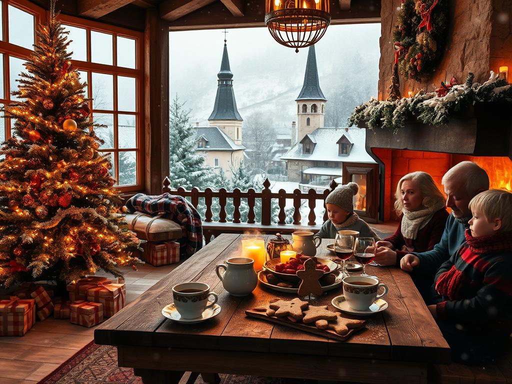A cozy winter evening in a traditional Bavarian town, snow gently falling as families gather around the fireplace to celebrate Nikolausabend. In the foreground, a festively decorated Christmas tree casts a warm glow, with carefully wrapped presents underneath. In the middle ground, a large wooden table is set with delicate porcelain, steaming mugs of mulled wine, and a plate of freshly baked gingerbread. In the background, the silhouettes of a medieval church and snow-capped rooftops can be seen through the frosty windowpanes. The scene exudes a sense of nostalgia, tradition, and the joyful anticipation of St. Nicholas' arrival.