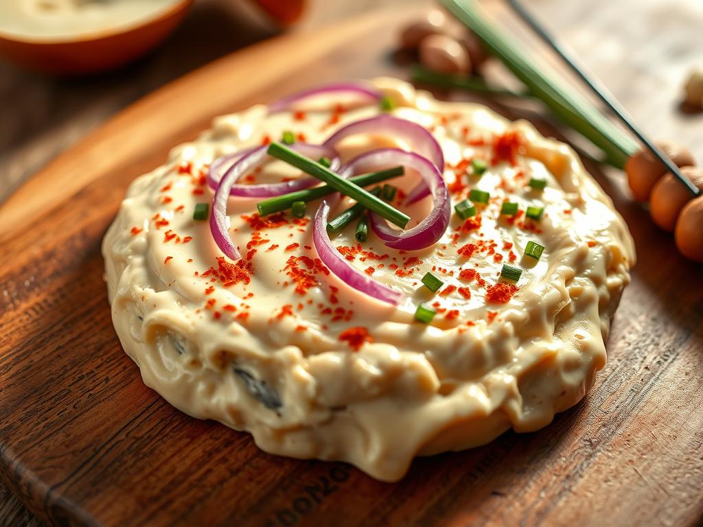 A delectable Obazda cheese spread, artfully arranged on a rustic wooden board. The creamy, tangy cheese is topped with slivers of red onion, fresh chives, and a sprinkle of paprika, casting a warm, golden glow under soft, directional lighting. The scene is captured from a low, close-up angle, emphasizing the rich texture and inviting presentation of this traditional Bavarian delicacy. A tempting, mouthwatering display, drawing the viewer in to savor the flavors of this regional specialty.