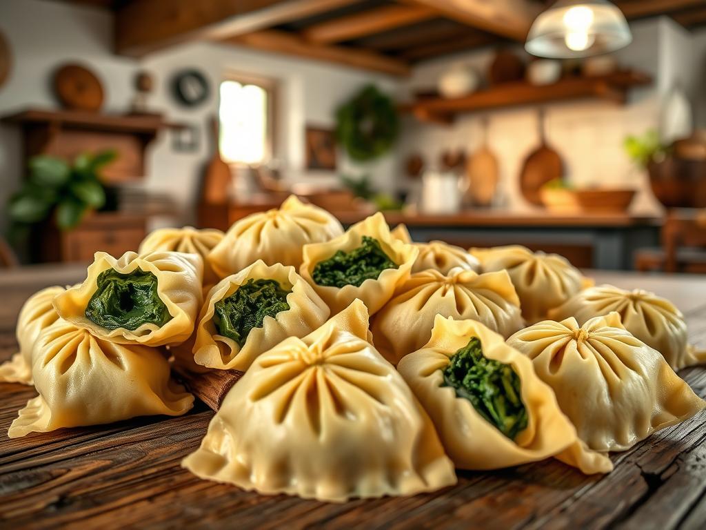 A delectable assortment of Maultaschen, the iconic Swabian pasta pockets, nestled amidst a rustic scene. In the foreground, the hand-crafted dumplings are artfully arranged, their vibrant green spinach filling peeking through the delicate dough. The middle ground showcases a wooden table, weathered by time, providing a natural backdrop. In the background, a cozy kitchen setting with exposed beams and a warm, inviting glow creates an atmosphere of traditional, homemade charm. The lighting is soft and diffused, highlighting the textures and colors of the regional Schmankerl. The overall composition evokes a sense of authentic, Swabian culinary heritage.