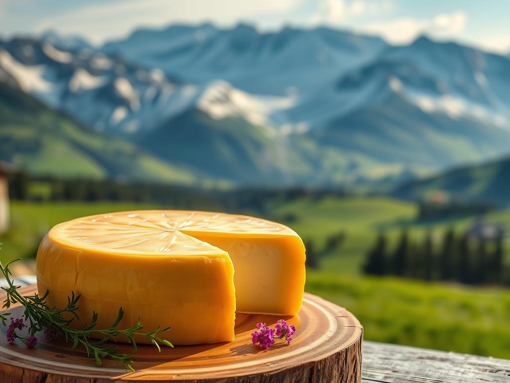 A delectable wheel of Almkäse Allgäu cheese, its golden rind glistening under a soft, natural lighting. The cheese sits atop a wooden board, surrounded by fresh herbs and sprigs of alpine flowers. In the background, a panoramic view of the Allgäu Alps, their snow-capped peaks casting long shadows across the verdant meadows. The scene exudes the rustic charm and artisanal tradition of the region, inviting the viewer to savor the rich, creamy texture and complex flavors of this iconic Bavarian delicacy.
