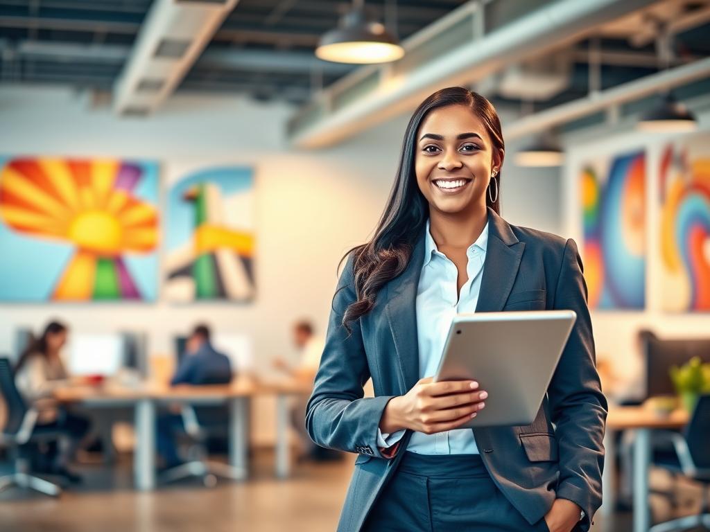 A dynamic and inspirational scene of a young professional embracing a career-boosting internship. In the foreground, the subject stands confidently, their expression radiating enthusiasm and ambition. Dressed in a crisp, modern business attire, they hold a tablet, symbolizing the integration of digital tools in their training. The middle ground features a bustling office environment, with colleagues collaborating at desks and vibrant wall art showcasing a collaborative, forward-thinking atmosphere. The background is softly blurred, allowing the focus to remain on the subject's engagement with their internship experience. Warm, directional lighting illuminates the scene, creating a sense of opportunity and growth. The overall mood is one of excitement, progress, and the promise of a thriving career path.