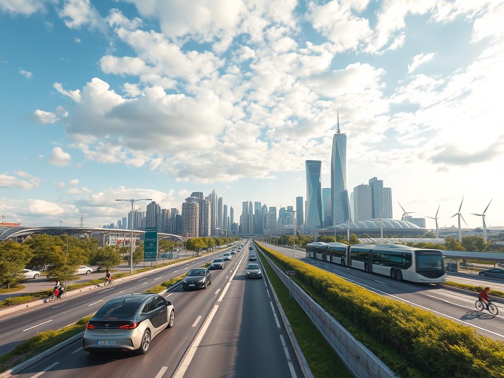 A dynamic cityscape depicting the progress of pilot projects in the transportation transition. In the foreground, futuristic electric vehicles navigating sleek, green-lined boulevards. In the middle ground, bustling pedestrian and bicycle traffic in dedicated lanes, complemented by modern public transit infrastructure. In the background, towering skyscrapers and renewable energy installations set against a vibrant, cloud-dappled sky. The scene conveys a sense of forward momentum, efficiency, and environmental harmony, showcasing the advancements made in sustainable urban mobility. Crisp, high-resolution, cinematic lighting and a wide-angle lens capture the scope and scale of these transformative transportation innovations.
