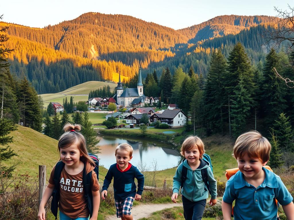 A family exploring the scenic countryside of Baden-Württemberg, Germany. In the foreground, children hike along a winding forest trail, their faces alight with excitement. In the middle ground, a picturesque village nestled among rolling hills comes into view, its charming half-timbered houses and church spire reflecting in a nearby lake. The background is dominated by the majestic silhouettes of the Black Forest, its lush evergreen canopy illuminated by warm, golden sunlight filtering through the trees. The overall atmosphere conveys a sense of adventure, tranquility, and the joy of outdoor exploration, perfectly capturing the essence of an active, family-friendly day trip in this beautiful region.