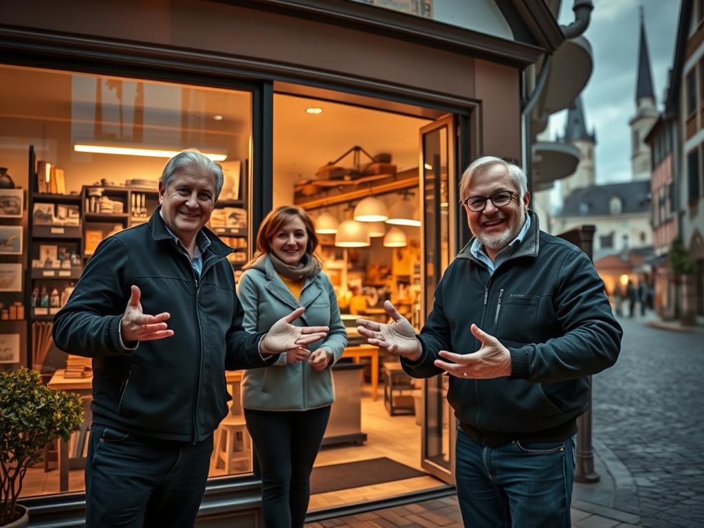 A family-owned business in a quaint German town, a storefront facade blending timeless charm and modern touches. Through the windows, a warm glow illuminates a bustling workspace where skilled craftspeople harness cutting-edge technology to create innovative products. In the foreground, a sense of pride and achievement radiates from the faces of the owners, their hands gesturing animatedly as they share their success story. The background hints at the town's historic roots, with cobblestone streets and a towering church steeple visible in the distance, creating a harmonious fusion of tradition and progress. Soft, warm lighting casts a cozy, inspiring atmosphere, inviting the viewer to step inside and be part of this thriving family enterprise.