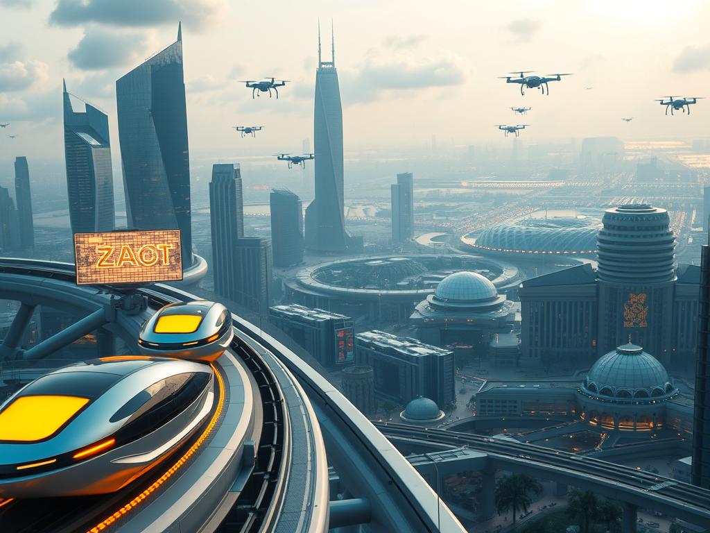 A futuristic cityscape showcasing the latest technological innovations. In the foreground, sleek autonomous vehicles glide along elevated monorails, their smooth contours and luminous panels reflecting the warm glow of hovering holographic displays. In the middle ground, towering skyscrapers with crystalline facades and angular architectural designs reach towards the sky, their upper levels shrouded in wispy clouds. The background is dominated by a sprawling landscape of gleaming domes, sleek drones, and shimmering energy fields, all bathed in a soft, otherworldly light that lends an air of boundless potential and progress. The overall scene conveys a sense of awe-inspiring technological advancement, balanced by a harmonious integration with the natural environment.