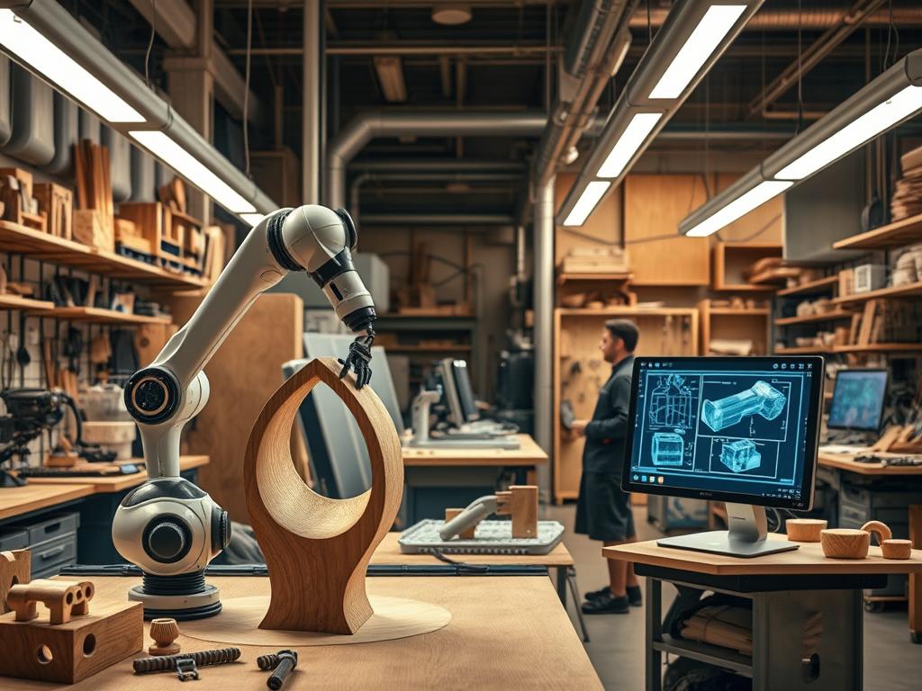A futuristic workshop filled with cutting-edge technology, where skilled craftspeople harness the power of innovation to redefine the boundaries of traditional handwork. In the foreground, a robotic arm meticulously shapes a delicate wooden sculpture, its fluid movements choreographed by a nearby workstation displaying holographic schematics. The middle ground showcases an array of advanced tools and 3D-printed prototypes, while the background reveals a panoramic view of the workshop, bathed in a warm, ambient glow from strategically placed lighting fixtures. The scene conveys a harmonious blend of manual dexterity and technological prowess, hinting at the boundless possibilities that await the future of the skilled trades.