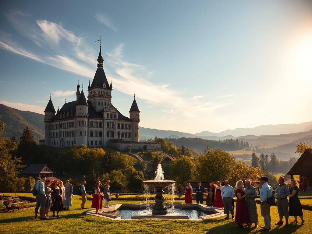 A grand castle against a backdrop of rolling Bavarian hills, its spires and turrets casting long shadows across a verdant landscape. In the foreground, a group of villagers in traditional Bavarian attire gather around a central fountain, their lively conversation and laughter capturing the essence of a well-preserved cultural heritage. Warm, golden sunlight filters through wispy clouds, illuminating the scene with a sense of timeless tranquility. The composition evokes a harmonious blend of history, community, and the enduring spirit of Heimatpflege that has shaped the identity of this region for generations.