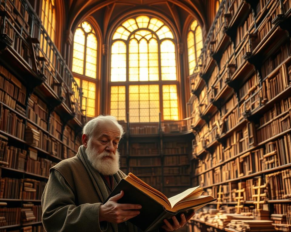 A grand, majestic library filled with ancient tomes and scrolls, bathed in warm, golden light from tall arched windows. Intricate wooden shelves and rolling ladders line the walls, hinting at the wealth of historical knowledge contained within. In the foreground, a weathered but scholarly-looking historian pores over a thick volume, surrounded by the quiet, reverent atmosphere of this place of learning. The room's atmosphere evokes a sense of timelessness and the thrill of uncovering the hidden stories of a region's past.