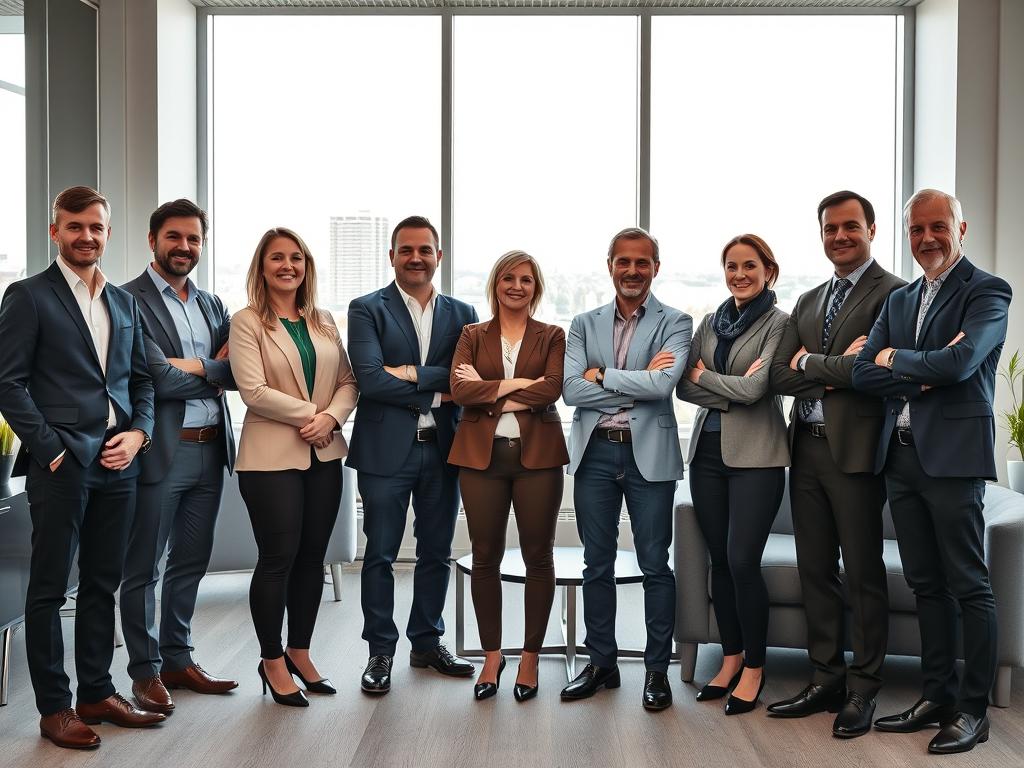 A group portrait of several successful entrepreneurs from Baden-Württemberg, Germany, standing confidently in a well-lit, modern office setting. The subjects are dressed in professional attire, exuding an air of determination and accomplishment. The foreground features the central figures, their faces and expressions conveying a sense of pride and ambition. The middle ground showcases the details of the workspace, with minimalist furnishings and large windows allowing natural light to flood the scene. The background subtly hints at the vibrant cityscape beyond, suggesting the dynamic and thriving environment that has fostered these entrepreneurial success stories. The overall tone is one of inspiration and aspiration, capturing the essence of the "Inspirierende Gründerpersönlichkeiten" section of the article.