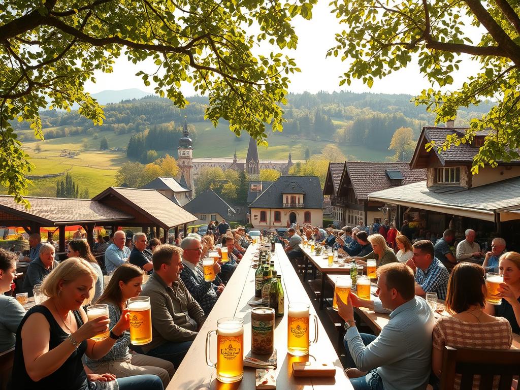 A lively Biergarten nestled in the heart of Bavaria, with long communal tables under a canopy of chestnut trees. In the foreground, locals and visitors sip frothy mugs of freshly poured Helles, while the aroma of sizzling bratwurst and the lively chatter create a convivial atmosphere. The middle ground features traditional Bavarian architecture, with iconic gabled roofs and decorative woodcarvings. In the background, rolling green hills dotted with church steeples and the distant peaks of the Bavarian Alps set the scene. Warm, golden sunlight filters through the leaves, casting a cozy glow over the entire scene. A timeless representation of the integral role of breweries in Bavarian culture and community.
