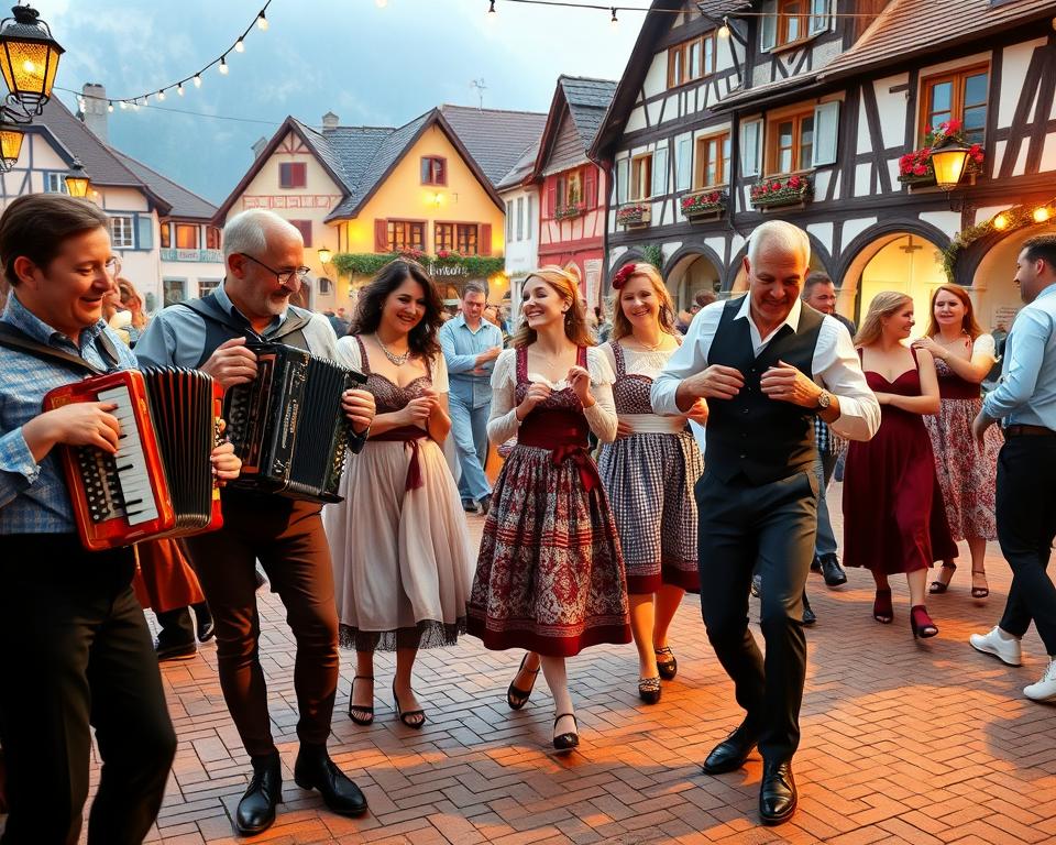 A lively celebration of German folk culture, showcasing traditional Volksmusik and Volkstanz. In the foreground, a group of musicians playing instruments like accordions, violins, and clarinets, their expressions joyful as they create a lively, rhythmic melody. In the middle ground, couples in traditional Trachten clothing twirl and step to the music, their movements fluid and energetic. The background depicts a cozy village setting, with half-timbered houses, cobblestone streets, and a quaint town square. Warm, golden lighting casts a nostalgic, festive glow over the scene, capturing the timeless essence of this cherished cultural tradition.