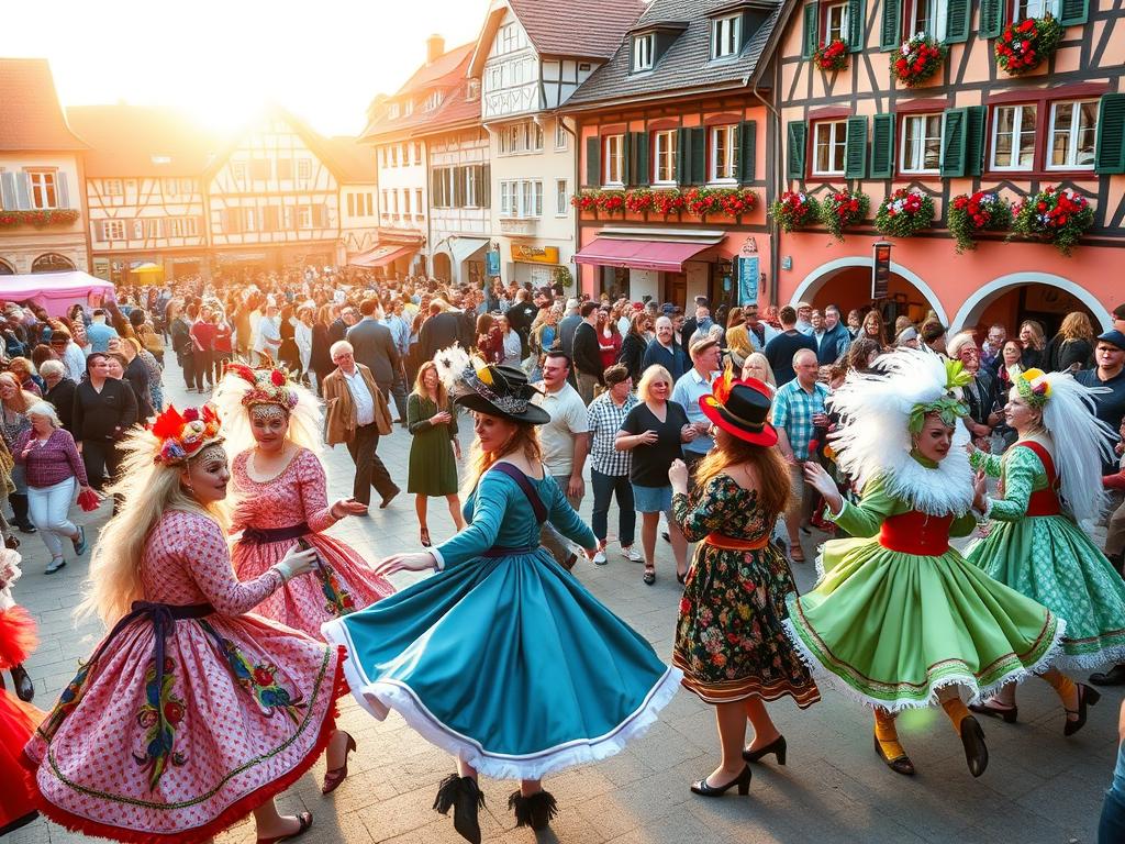A lively celebration of Swabian Fasching traditions unfolds in a vibrant town square. In the foreground, a troupe of costumed revelers dance and twirl, their colorful masks and ornate costumes casting playful shadows under a warm, golden-hour glow. In the middle ground, a bustling crowd of merrymakers mills about, exchanging laughter and traditional greetings. The background is filled with the charming facades of half-timbered buildings, their windows adorned with festive decorations. The entire scene exudes a sense of joyous community and the unique cultural heritage of this Swabian celebration.