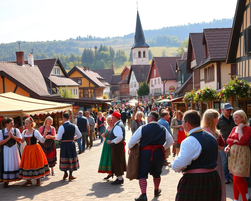 A lively scene of regional German folk culture, showcasing the diverse traditions and customs across the country. In the foreground, a group of costumed performers engage in a traditional dance, their vibrant attire and lively movements capturing the energy of the local festivities. In the middle ground, a bustling marketplace with artisanal stalls, where locals and visitors browse an array of handcrafted goods, regional delicacies, and musical instruments. The background is a quaint village setting, with half-timbered houses, church spires, and rolling hills, all bathed in warm, golden light that evokes a sense of timelessness and community. The overall atmosphere is one of celebration, heritage, and the rich tapestry of Germany's regional identities.