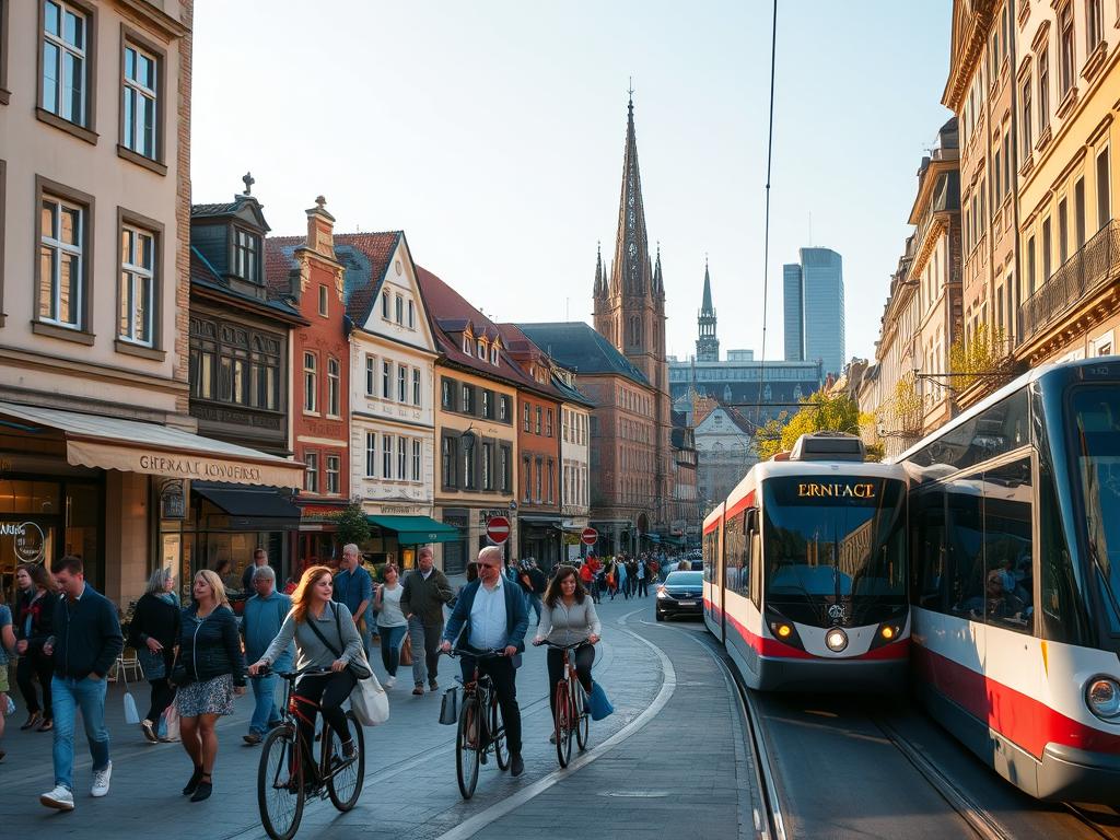A lively street scene in a vibrant southern German city, bathed in warm afternoon sunlight. In the foreground, pedestrians stroll past charming cafes and boutiques, carrying shopping bags and chatting animatedly. Bicyclists weave through the traffic, while a tram glides smoothly along the rails. In the middle ground, historic buildings with ornate facades line the streets, their windows gleaming. In the background, church spires and office towers rise, creating a striking skyline. The atmosphere is one of bustling energy and cosmopolitan sophistication, capturing the dynamic urban lifestyle of southern Germany.