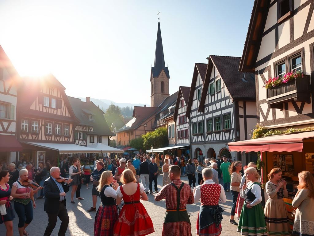 A lively town square in a picturesque Bavarian village, bathed in the warm glow of a late afternoon sun. In the foreground, a group of locals in traditional folk costumes dance to the lively music of a string ensemble. In the middle ground, villagers gather around food and craft stalls, engaged in lively conversation, their regional dialects filling the air. In the background, the steeple of a historic church rises above quaint half-timbered houses, a testament to the deep-rooted traditions of the region. The scene exudes a sense of community, heritage, and the vibrant tapestry of local culture.