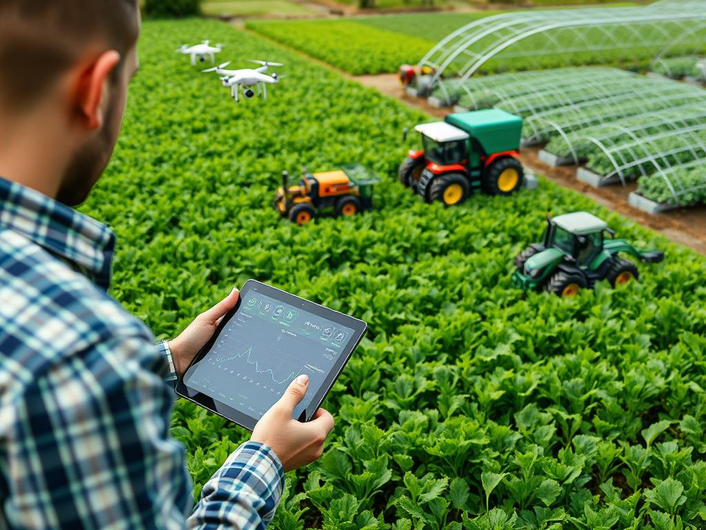 A lush green field dotted with precision farming equipment, sensors, and drones capturing data. In the foreground, a farmer examines a tablet displaying real-time analytics, optimizing crop yields and resource efficiency. The middle ground features autonomous tractors and harvesters navigating the landscape, guided by GPS and IoT connectivity. In the background, a smart greenhouse with hydroponic systems and climate control, all synced to a central IoT platform. Soft, natural lighting illuminates the scene, conveying a sense of harmony between advanced technology and sustainable agriculture.