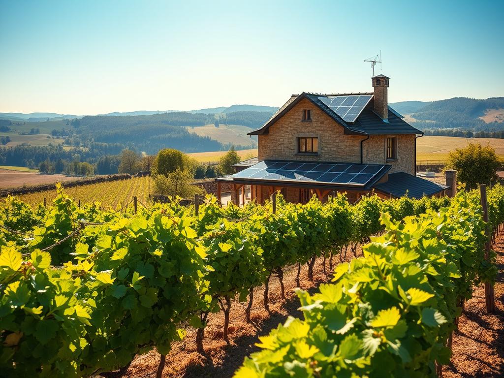 A lush, sun-drenched vineyard nestled in the picturesque Baden region, showcasing sustainable winemaking practices. In the foreground, rows of healthy, vibrant grapevines stretch out, their leaves gently swaying in the warm breeze. The middle ground features a traditional stone winery building, its rustic charm complemented by solar panels adorning the roof, harnessing renewable energy. In the background, rolling hills and a clear blue sky create a serene, pastoral setting. The lighting is soft and natural, casting a warm, golden glow over the scene. The overall atmosphere conveys a sense of environmental harmony, where tradition and innovation coexist seamlessly in the pursuit of sustainable viticulture.