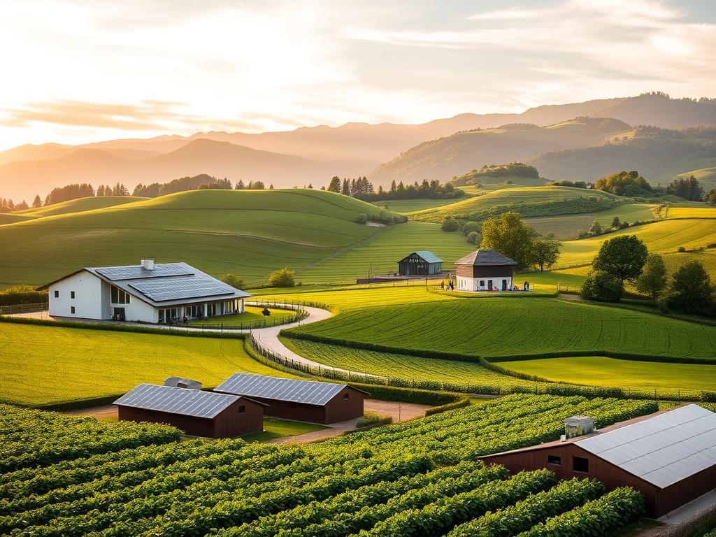 A lush, verdant agricultural landscape in the Bavarian countryside, with rolling hills and fields of vibrant crops. In the foreground, a cluster of modern, energy-efficient farm buildings with solar panels on the roofs, showcasing the integration of technology and sustainability. In the middle ground, farmers tending to their crops, utilizing the latest precision farming techniques enabled by government-backed agricultural programs. The background features a picturesque mountain range, bathed in warm, golden sunlight filtering through wispy clouds. The overall scene conveys a sense of progress, innovation, and a harmonious balance between traditional farming and digital transformation, reflecting the spirit of the "Förderprogramme Landwirtschaft" initiatives in Bavaria.