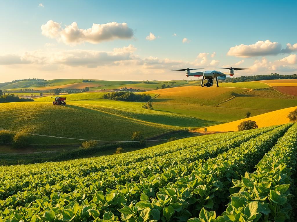 A lush, verdant farmland with rolling hills and vibrant crops in the foreground. In the middle ground, advanced agricultural machinery, drones, and precision farming technologies work in harmony, showcasing the integration of smart farming techniques. The background features a serene, sun-dappled sky with fluffy white clouds, conveying a sense of environmental sustainability and responsible resource management. The lighting is warm and natural, with soft shadows adding depth and dimension. The overall composition emphasizes the balance between modern technology and eco-friendly practices, encapsulating the essence of "Ressourcenschonung" in smart farming.