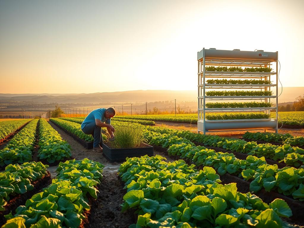 A lush, verdant field with rows of thriving crops, showcasing innovative cultivation techniques. In the foreground, a farmer carefully tends to a raised garden bed, using sustainable methods like companion planting and organic mulch. In the middle ground, a state-of-the-art hydroponic system stands tall, its sleek, minimalist design a testament to modern agricultural advancements. The background reveals a panoramic view of the rolling countryside, bathed in warm, golden sunlight that casts a serene, inviting glow over the entire scene. The overall atmosphere conveys a sense of harmony between traditional and cutting-edge farming practices, reflecting the concept of "innovative Anbaupraktiken."