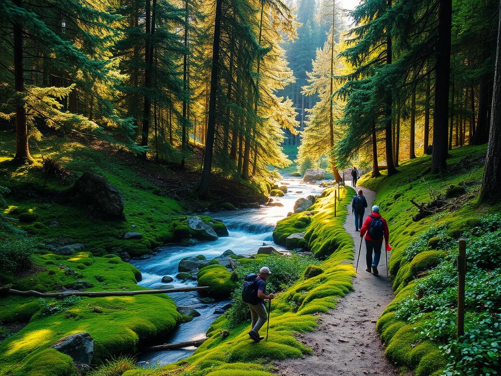 A lush, verdant forest in the Allgäu region of Bavaria, Germany, with a meandering hiking trail winding through the scenic landscape. Sunlight filters through the canopy of towering pine and fir trees, casting a warm, golden glow over the mossy forest floor. In the distance, a crystal-clear stream rushes over smooth rocks, its gentle murmur creating a soothing ambiance. Hikers navigate the well-marked path, surrounded by the vibrant hues of wildflowers and the occasional glimpse of local wildlife. The air is crisp and clean, with a hint of earthy pine, inviting visitors to immerse themselves in the tranquil serenity of this hidden Bavarian gem.
