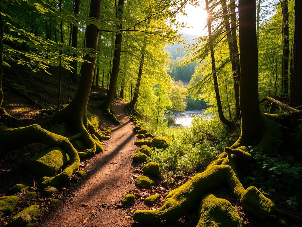 A lush, verdant forest in the heart of the Bavarian countryside, with a winding trail cutting through the dense foliage. Sunlight filters through the canopy, casting a warm, golden glow on the mossy rocks and twisted tree roots along the path. In the distance, a babbling brook can be heard, its soothing sounds adding to the serene atmosphere. The trail meanders through the tranquil landscape, leading hikers deeper into the hidden corners of the Bavarian Forest, where the only sounds are the rustling of leaves and the calls of native wildlife. The scene evokes a sense of adventure and a connection to the natural world, perfectly capturing the essence of a hidden gem in this picturesque region.