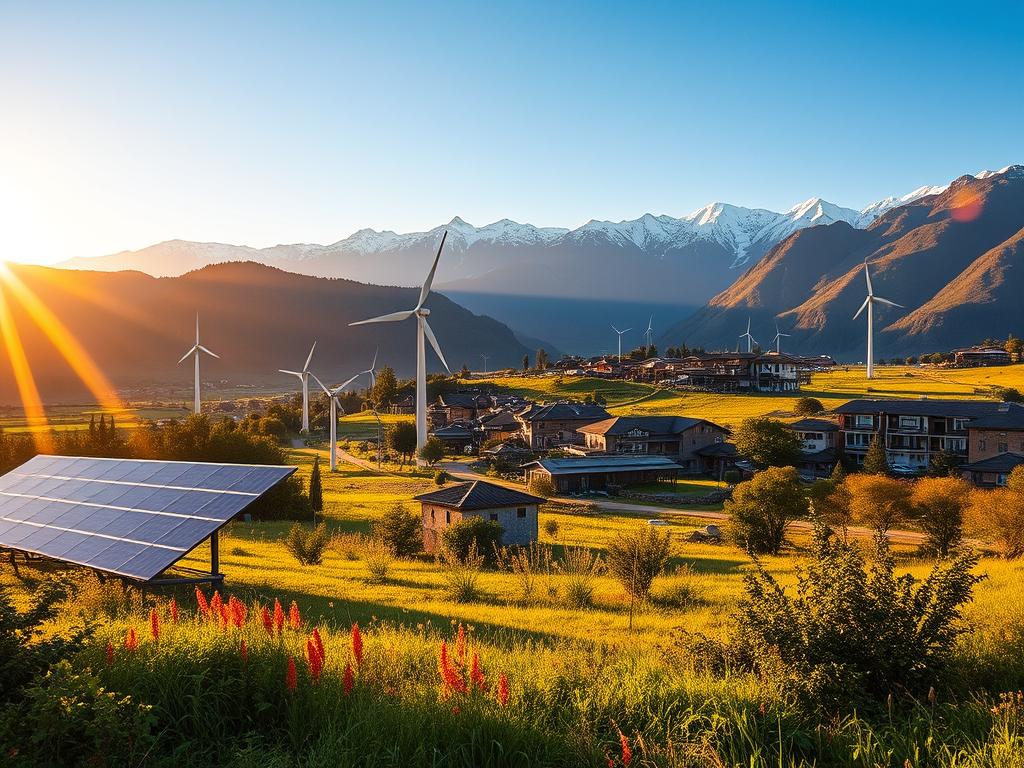 A lush, verdant landscape bathed in warm, golden sunlight. In the foreground, a cluster of vibrant, eco-friendly innovations - solar panels, wind turbines, and sustainable agriculture technologies. The middle ground features a thriving, traditional village, its buildings harmoniously blending modern and indigenous design. In the background, majestic mountains rise, their peaks capped with pristine snow. The scene exudes a sense of balance and harmony, where traditional wisdom and innovative technology coexist, creating a sustainable future. A wide-angle lens captures the full breadth of this visionary integration, inviting the viewer to immerse themselves in the seamless marriage of nature, tradition, and progress.