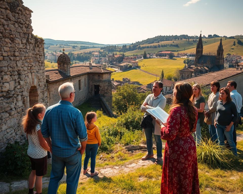 A lush, verdant landscape comes alive as a group of people immerse themselves in the rich tapestry of regional history. In the foreground, a family stands in awe before an ancient ruin, its weathered stone walls casting long shadows under the warm, golden light of the sun. In the middle ground, a historian gestures animatedly, bringing the past to life through a captivating narrative, while a group of eager listeners lean in, their faces lit with fascination. The background features rolling hills dotted with quaint villages, their church spires and tiled roofs hinting at the generations of stories they hold. The scene exudes a sense of timelessness, inviting the viewer to step into the shoes of the past and experience the living, breathing essence of regional history.