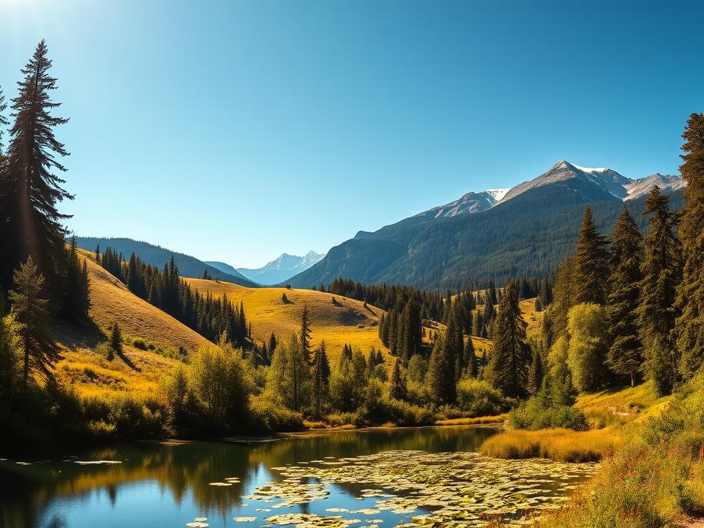 A lush, verdant landscape of rolling hills and towering trees, bathed in warm, golden sunlight. In the foreground, a serene lake reflects the natural beauty, its calm waters dotted with water lilies. Majestic mountains rise in the distance, their snow-capped peaks touching the clear, azure sky. Trails wind through the dense foliage, inviting exploration of the diverse flora and fauna. A sense of tranquility and harmony pervades the scene, highlighting the importance of preserving these precious natural havens. Captured with a wide-angle lens, the image showcases the awe-inspiring grandeur of Germany's protected natural parks, where environmental conservation and public enjoyment coexist in perfect balance.