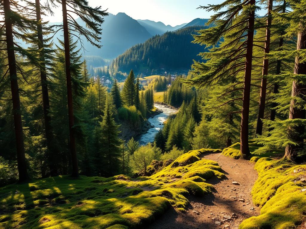 A lush, verdant landscape of the Black Forest (Schwarzwald) unfolds before the viewer. In the foreground, a well-trodden hiking trail winds its way through a dense, mossy forest, with tall evergreen trees casting dappled shadows. In the middle ground, a babbling brook cuts through the landscape, its crystal-clear waters reflecting the surrounding foliage. Further in the distance, rolling hills and rugged peaks rise up, their slopes dotted with charming timber-framed houses and quaint villages. The scene is bathed in warm, golden sunlight, creating a sense of tranquility and natural beauty. The overall atmosphere evokes a feeling of peaceful exploration and outdoor adventure, perfectly capturing the essence of the Schwarzwald region.