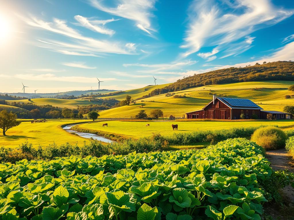 A lush, verdant landscape showcasing the principles of sustainable agriculture. In the foreground, a flourishing organic vegetable garden with rows of vibrant, healthy produce. In the middle ground, a small family farm with solar panels atop the barn, wind turbines in the distance, and livestock grazing peacefully. The background features rolling hills dotted with diverse, native flora, a gently flowing stream, and a clear, blue sky illuminated by warm, golden sunlight filtering through wispy clouds. The scene exudes a sense of harmony, balance, and environmental stewardship, embodying the ideals of a sustainable, regenerative agricultural system.