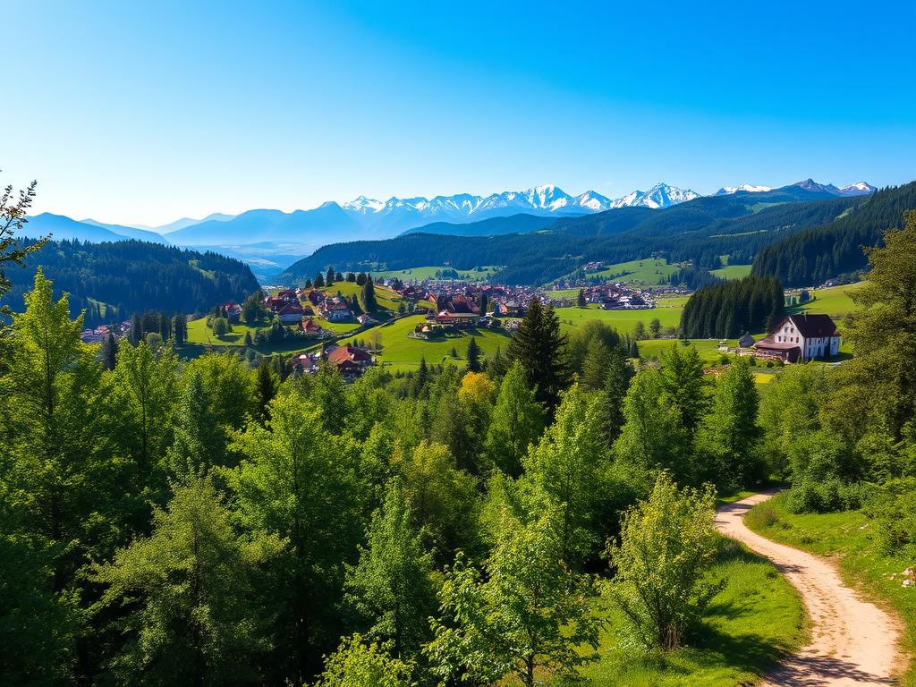 A lush, verdant landscape unfolds, showcasing the scenic Wanderwege (hiking trails) of Germany. In the foreground, a well-marked path winds its way through a dense, deciduous forest, the dappled sunlight filtering through the canopy above. The middle ground reveals rolling hills, dotted with quaint villages and picturesque farmhouses, their red-tiled roofs and whitewashed walls a testament to the region's architectural heritage. In the distance, the majestic peaks of the German Alps rise, their snow-capped summits glistening under a clear, azure sky. The scene evokes a sense of adventure and tranquility, inviting the viewer to embark on a rejuvenating hike through the heart of this enchanting country.
