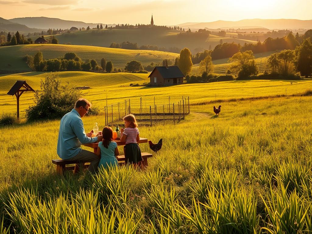A lush, verdant meadow in the German countryside, bathed in warm, golden afternoon sunlight. In the foreground, a family gathers around a rustic wooden table, enjoying a simple yet nourishing meal of fresh produce and homemade bread. In the middle ground, a small, well-tended vegetable garden and a few free-roaming chickens, symbolizing the self-sustaining nature of rural life. In the background, rolling hills dotted with farmhouses and the occasional church steeple, conveying a sense of tranquility and connection to the land. The scene exudes a feeling of contentment, wellness, and a deep appreciation for the restorative power of the rural lifestyle.