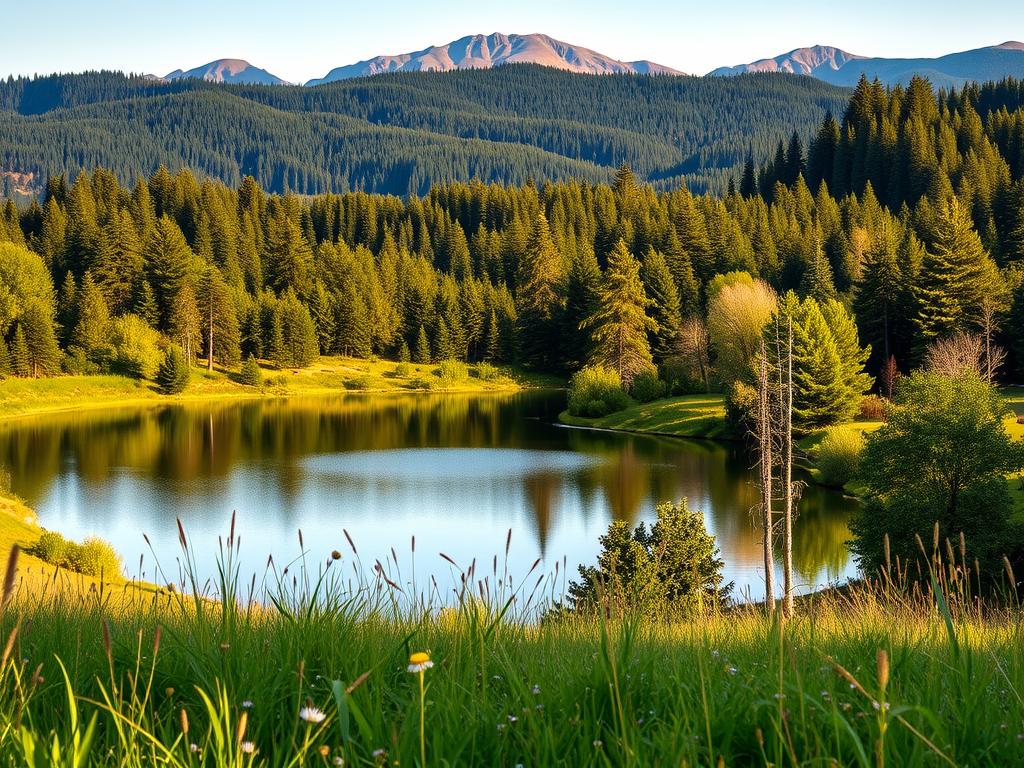 A majestic landscape in Baden-Württemberg, Germany, showcasing the region's natural beauty. In the foreground, a lush meadow dotted with wildflowers sways gently in the breeze. Beyond, a serene lake reflects the surrounding forests and hills, creating a tranquil mirror-like surface. In the middle ground, towering pine and deciduous trees form a dense, verdant canopy, casting soft, dappled light onto the scene below. In the distance, rolling hills and mountains rise up, their peaks capped with a dusting of snow, creating a picturesque and dramatic backdrop. The entire image is bathed in warm, golden sunlight, evoking a sense of peaceful solitude and harmony with nature.