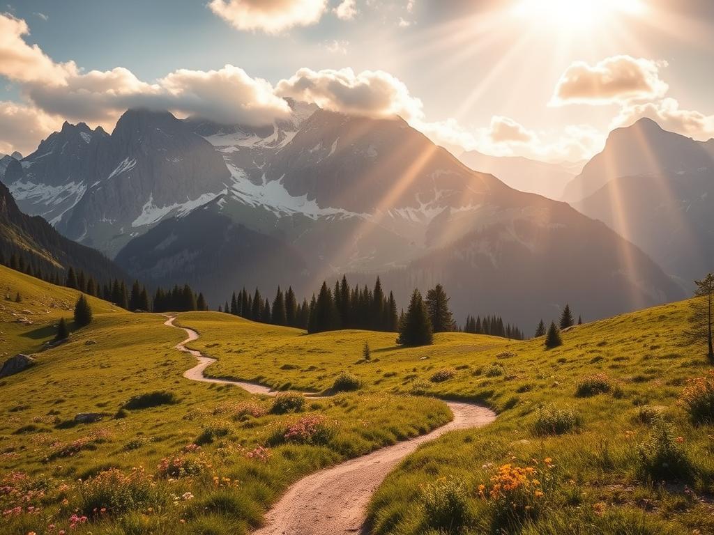 A majestic landscape of the Allgäu region, showcasing the breathtaking natural beauty of this picturesque area. In the foreground, a meandering trail winds through lush, verdant meadows dotted with vibrant wildflowers. Towering, snow-capped peaks rise majestically in the distance, their rugged slopes cloaked in a patchwork of evergreen forests and alpine pastures. Shafts of warm, golden sunlight filter through the wispy clouds, casting a soft, romantic glow over the scene. The overall mood is one of serene tranquility and awe-inspiring grandeur, inviting the viewer to embark on a captivating hiking adventure through this stunning natural haven.