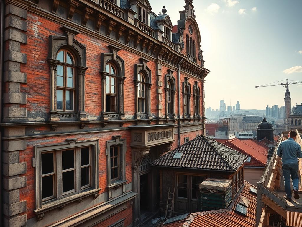 A majestic old building, its weathered facade adorned with intricate architectural details, stands proudly against a backdrop of a bustling city skyline. Sunlight filters through the ornate windows, casting a warm glow on the carefully restored brickwork and ornamental moldings. In the foreground, a team of skilled craftspeople diligently repair crumbling mortar, replace aging roof tiles, and breathe new life into the structure, preserving its historical charm while modernizing its functionality. The scene conveys a sense of reverence for the past, coupled with a commitment to sustainable preservation, as the Altbausanierung process unfolds, safeguarding this architectural gem for future generations.