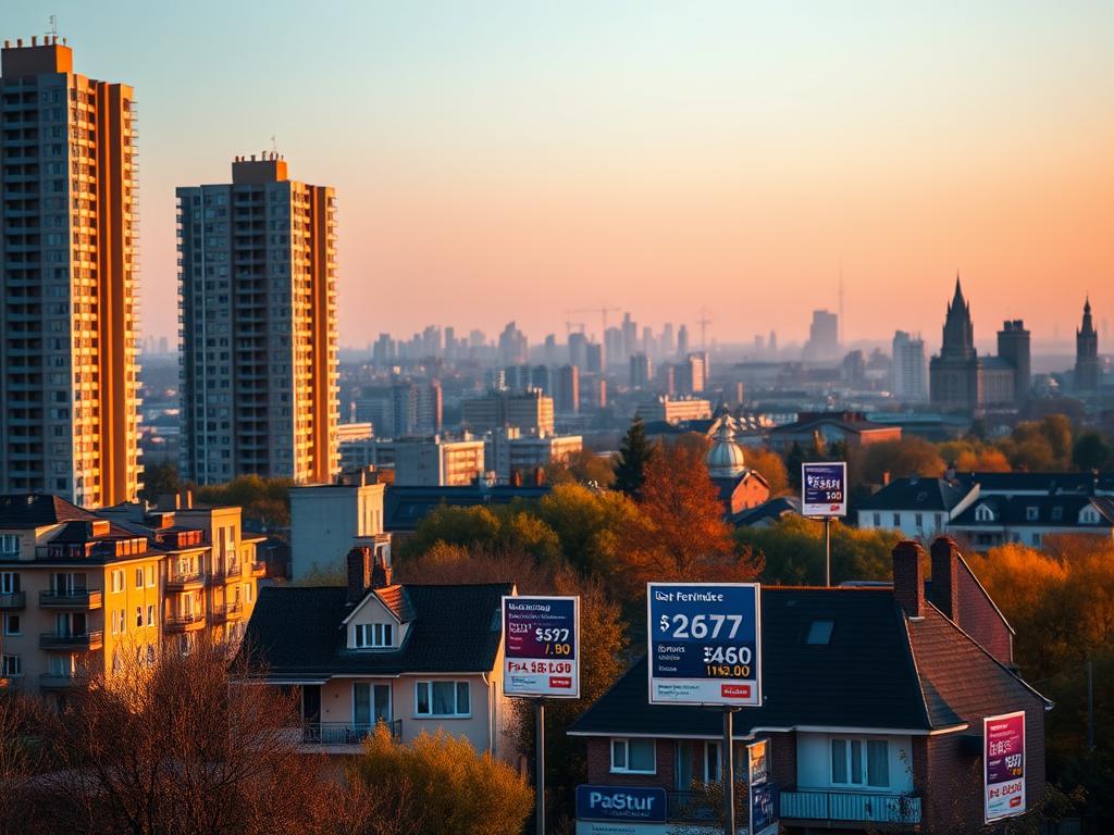 A modern city skyline at dusk, with towering high-rise apartments and row houses in the foreground. The scene is bathed in a warm, golden light, creating a cozy, inviting atmosphere. In the middle ground, a series of rental property signs and billboards display various rental prices and a local rental index, showcasing the current real estate trends. The background features a hazy, blurred cityscape, suggesting the wider context of the housing market. The image conveys a sense of the dynamic and ever-changing nature of the rental landscape in Germany's urban centers.