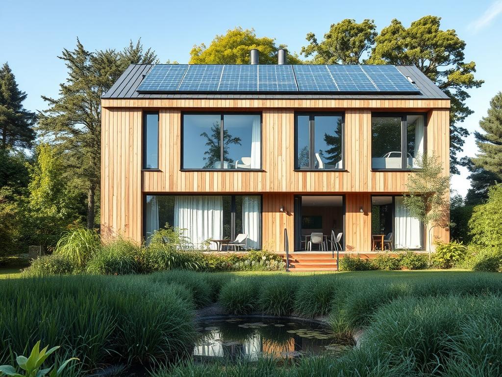 A modern, energy-efficient residential building set against a backdrop of lush greenery. The sleek, minimalist façade features large windows that flood the interiors with natural light. Solar panels adorn the roof, harnessing renewable energy. Sustainable materials like wood, glass, and recycled plastics are seamlessly integrated into the architecture. In the foreground, a well-manicured garden with native plants and a small pond creates a harmonious, eco-friendly living environment. The overall scene conveys a sense of harmony between the built and natural worlds, showcasing the latest trends in sustainable newbuild construction in Germany.